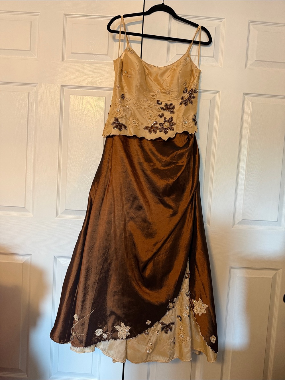 Two-Tone Beaded Satin Evening Dress - Gold & Brown